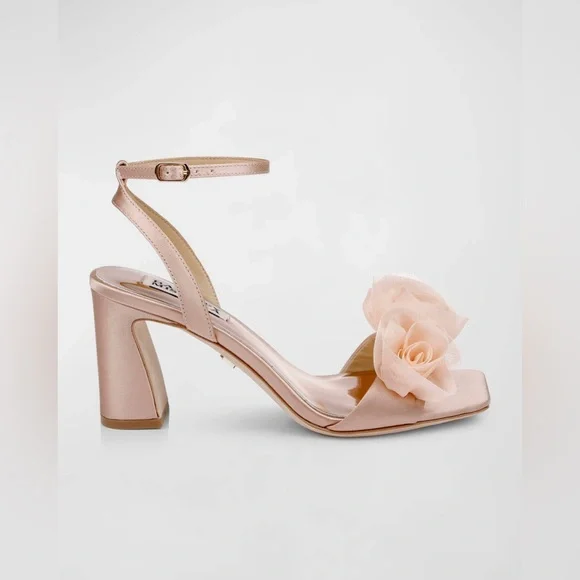 BADGLEY MISCHKA Carli Satin Tulle Rose Ankle-Strap Sandals in Blush Nude Sz 10 - Picture 3 of 15
